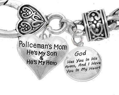 Policeman's Mom, God Has You in His Arms, and I Have You in My Heart, He's My Son, He's My Hero, Bracelet, Hypoallergenic, Safe-Nickel, Lead, Free