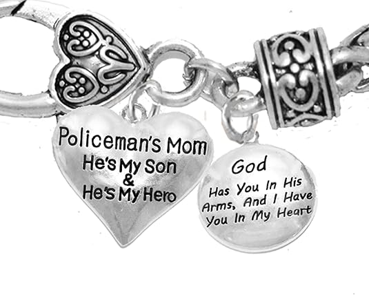 Policeman's Mom, God Has You in His Arms, and I Have You in My Heart, He's My Son, He's My Hero, Bracelet, Hypoallergenic, Safe-Nickel, Lead, Free