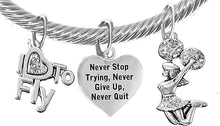 Cheer Never Give Up, Never Quit, I Love to Fly, Jumping Cheerleader, Adjustable, Hypoallergenic Genuine Cable Silvertone Charm Bracelet, Nickel, Lead, and Cadmium Free