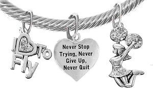 Cheer Never Give Up, Never Quit, I Love to Fly, Jumping Cheerleader, Adjustable, Hypoallergenic Genuine Cable Silvertone Charm Bracelet, Nickel, Lead, and Cadmium Free