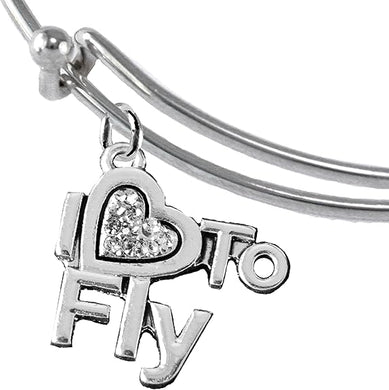 I Love to Fly, Hypoallergenic Genuine Crystal, Adjustable Miracle Wire Charm Bracelet, Nickel, Lead, and Cadmium Free