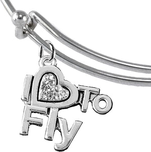 I Love to Fly, Hypoallergenic Genuine Crystal, Adjustable Miracle Wire Charm Bracelet, Nickel, Lead, and Cadmium Free