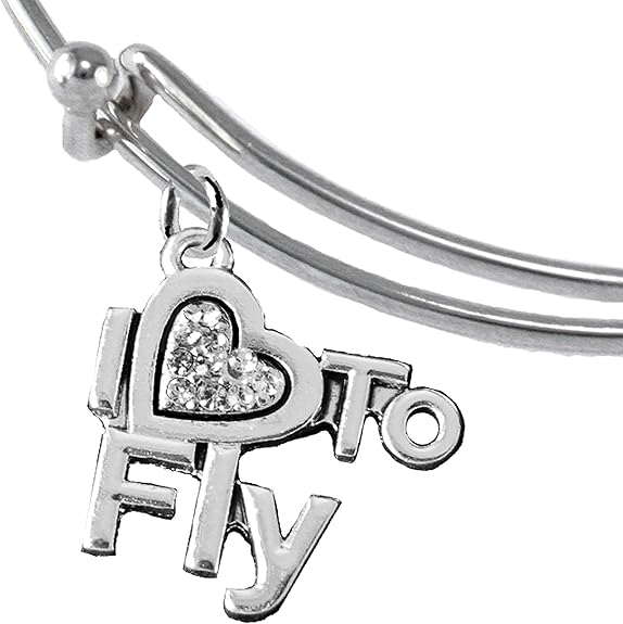 I Love to Fly, Hypoallergenic Genuine Crystal, Adjustable Miracle Wire Charm Bracelet, Nickel, Lead, and Cadmium Free