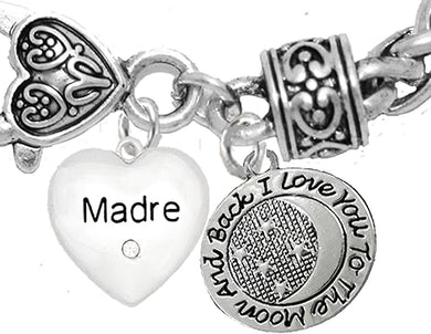 Mom, Madre Crystal Heart, I Love You To The Moon And Back On A Antique Wheat Chain Bracelet, Hypoallergenic Safe- No Nickel. Lead, Or Poisonous Cadmium