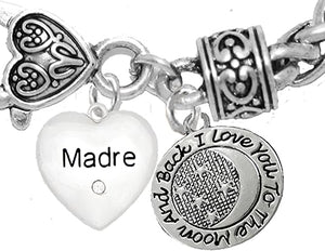 Mom, Madre Crystal Heart, I Love You To The Moon And Back On A Antique Wheat Chain Bracelet, Hypoallergenic Safe- No Nickel. Lead, Or Poisonous Cadmium