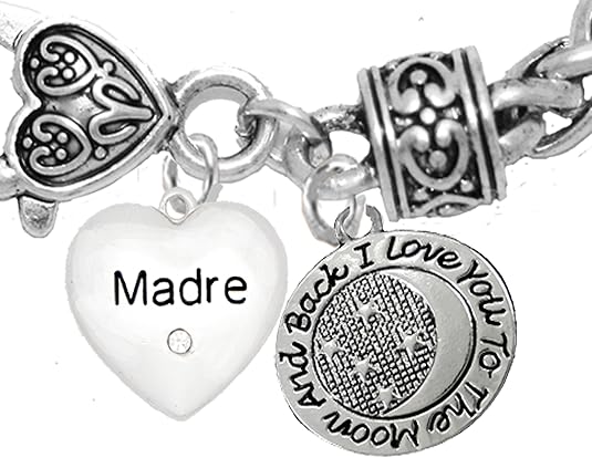 Mom, Madre Crystal Heart, I Love You To The Moon And Back On A Antique Wheat Chain Bracelet, Hypoallergenic Safe- No Nickel. Lead, Or Poisonous Cadmium