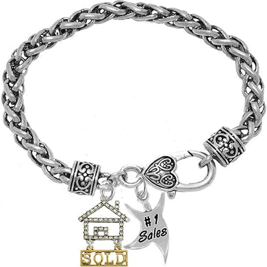 Realtor, Real Estate, Home, Vintage Antique Wheat Chain Bracelet, #1 Sales Charm, Sold House Charm, Genuine Austrian Crystal Stones, Hypoallergenic, No Nickel,Lead, Or Cadmium In Metal