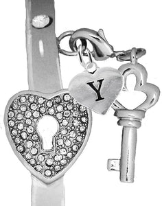 It Really Locks!, The Key To My Heart, "Initial Y ", Cuff Crystal Bracelet, Hypoallergenic, Safe-Nickel, Lead, Free