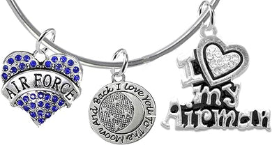 Air Force, I Love You to The Moon and Back, I Love My Airman, Adjustable Miracle Wire Bracelet, Hypoallergenic, Safe-Nickel, Lead, Cadmium Free