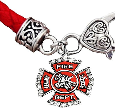Firefighter, On A Red Woven Leather Hypoallergenic Bracelet, Nickel, Lead, And Poisonous Cadmium Free