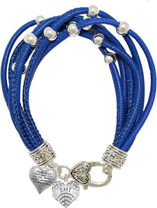 EMT Genuine Crystal Heart, My Husband God Has You In His Arms, I have You In My Heart, On A Blue Leather Hypoallergenic Bracelet, Nickel, Lead, And Poisonous Cadmium Free