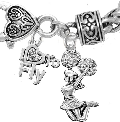 Cheerleader, Crystal I Love to Fly, Jumping Cheerleader, Hypoallergenic, Antique Wheat Chain Charm Bracelet, Nickel, Lead, and Cadmium Free