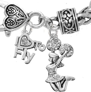 Cheerleader, Crystal I Love to Fly, Jumping Cheerleader, Hypoallergenic, Antique Wheat Chain Charm Bracelet, Nickel, Lead, and Cadmium Free