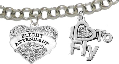 Flight Attendant, I Love to Fly, Hypoallergenic Genuine Crystal, Adjustable Rolo Chain Charm Bracelet, Nickel, Lead, and Cadmium Free