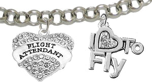 Flight Attendant, I Love to Fly, Hypoallergenic Genuine Crystal, Adjustable Rolo Chain Charm Bracelet, Nickel, Lead, and Cadmium Free