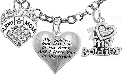 Army Mom, My Soldier, God Has You in His Arms and I Have You in My Heart, Adjustable Necklace, Hypoallergenic Safe, No Nickel, Lead, Or Poisonous Cadmium in Necklace