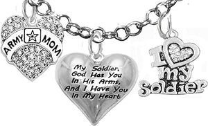 Army Mom, My Soldier, God Has You in His Arms and I Have You in My Heart, Adjustable Necklace, Hypoallergenic Safe, No Nickel, Lead, Or Poisonous Cadmium in Necklace