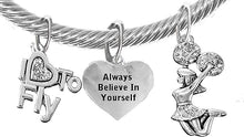 Cheer, Always Believe in Yourself, I Love to Fly, Jumping Cheerleader, Adjustable, Hypoallergenic Genuine Cable Silvertone Charm Bracelet, Nickel, Lead, and Cadmium Free