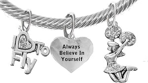 Cheer, Always Believe in Yourself, I Love to Fly, Jumping Cheerleader, Adjustable, Hypoallergenic Genuine Cable Silvertone Charm Bracelet, Nickel, Lead, and Cadmium Free