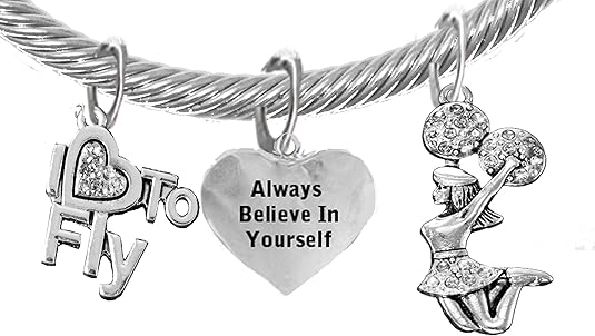 Cheer, Always Believe in Yourself, I Love to Fly, Jumping Cheerleader, Adjustable, Hypoallergenic Genuine Cable Silvertone Charm Bracelet, Nickel, Lead, and Cadmium Free