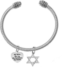 Jewish, My Wife, My Joy, My Sunshine, My Heart, On A Heart, And A Crystal Star Of David, Silvertone Bracelet With Crystal Ends, Hypoallergenic, Safe-Nickel, Lead, And Cadmium Free