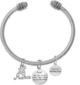 Marine Wife, My Husband, God Has You In His Arms And I Have You In My Heart, Adjustable, Hypoallergenic Safe, No Nickel, Lead, Or Poisonous Cadmium In Bracelet
