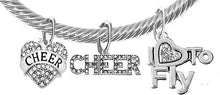 Cheer Crystal Heart, Crystal I Love To Fly, Crystal Cheer Banner, Hypoallergenic, Adjustable, Genuine Cable Silvertone Charm Bracelet, Nickel, Lead, And Cadmium Free