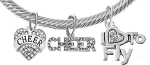 Cheer Crystal Heart, Crystal I Love To Fly, Crystal Cheer Banner, Hypoallergenic, Adjustable, Genuine Cable Silvertone Charm Bracelet, Nickel, Lead, And Cadmium Free