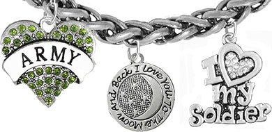 Army, I Love You to The Moon and Back, Crystal I Love My Soldier, Licensed Army Charm, Wheat Chain Bracelet, Hypoallergenic, Safe-Nickel, Lead, Cadmium Free