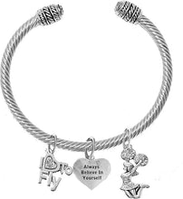 Cheer, Always Believe in Yourself, I Love to Fly, Jumping Cheerleader, Adjustable, Hypoallergenic Genuine Cable Silvertone Charm Bracelet, Nickel, Lead, and Cadmium Free