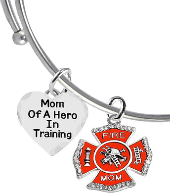 Firefighter, Mom Of A Hero In Training, Fire Department Charm, On A Adjustable Miracle Wire Bracelet, Hypoallergenic Safe-Nickel, Lead And Cadmium Free