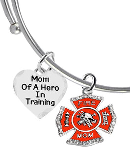 Firefighter, Mom Of A Hero In Training, Fire Department Charm, On A Adjustable Miracle Wire Bracelet, Hypoallergenic Safe-Nickel, Lead And Cadmium Free
