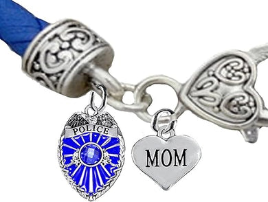 PoliceWoman's, Police Badge And Mom Blue Leather Bracelet, Hypoallergenic, Safe-No Nickel, Lead,or Cadmimum