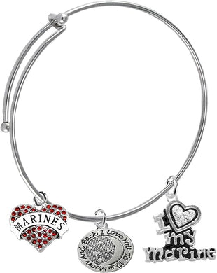Marine, I Love You to The Moon and Back, Crystal I Love My Marine, Adjustable Miracle Wire Bracelet, Hypoallergenic, Safe-Nickel, Lead, Cadmium Free