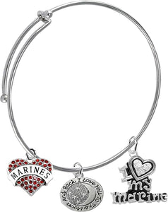 Marine, I Love You to The Moon and Back, Crystal I Love My Marine, Adjustable Miracle Wire Bracelet, Hypoallergenic, Safe-Nickel, Lead, Cadmium Free