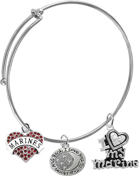 Marine, I Love You to The Moon and Back, Crystal I Love My Marine, Adjustable Miracle Wire Bracelet, Hypoallergenic, Safe-Nickel, Lead, Cadmium Free