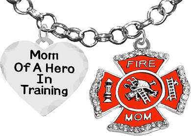 Firefighter, Mom Of A Hero In Training, Fire Department Charm, On A Adjustable Rolo Chain Necklace, Hypoallergenic Safe-Nickel, Lead And Cadmium Free