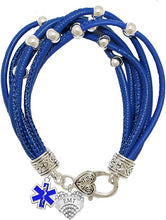 EMT, Genuine Crystal Heart, EMT Symbol, On A Blue Leather Hypoallergenic Bracelet, Nickel, Lead, And Poisonous Cadmium Free