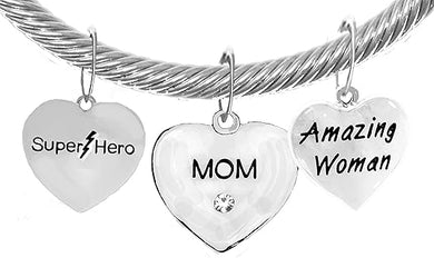 Mom, Super Hero,Crystal Mom,Amazing Woman Charms On A Cable Wire Cuff With Genuine Crystal Ends, Adjustable Hypoallergenic Safe- No Nickel. Lead, Or Poisonous Cadmium.