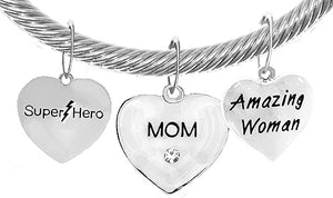 Mom, Super Hero,Crystal Mom,Amazing Woman Charms On A Cable Wire Cuff With Genuine Crystal Ends, Adjustable Hypoallergenic Safe- No Nickel. Lead, Or Poisonous Cadmium.