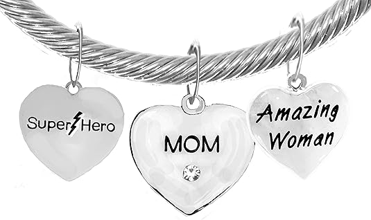Mom, Super Hero,Crystal Mom,Amazing Woman Charms On A Cable Wire Cuff With Genuine Crystal Ends, Adjustable Hypoallergenic Safe- No Nickel. Lead, Or Poisonous Cadmium.