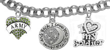 Army, " I Love You To The Moon And Back ", Crystal I Love My Soldier, Licensed Army Charm, Adjustable Rolo Chain Bracelet, Hypoallergenic, Safe-Nickel, Lead, Cadmium Free