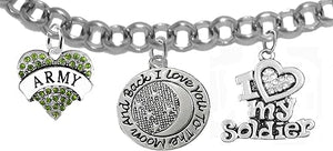 Army, " I Love You To The Moon And Back ", Crystal I Love My Soldier, Licensed Army Charm, Adjustable Rolo Chain Bracelet, Hypoallergenic, Safe-Nickel, Lead, Cadmium Free