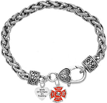 Firefighter,Wife Of A Hero In Training, Fire Department Charm, On A Antique Wheat Chain Bracelet, Hypoallergenic Safe-Nickel, Lead And Cadmium Free