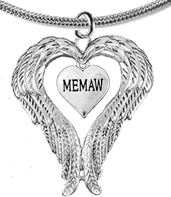 Guardian Angel, Heart (Love) Shaped Wings for Memaw Necklace, Adjustable, Hypoallergenic, Safe-Nickel, Lead, Free