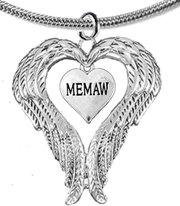 Guardian Angel, Heart (Love) Shaped Wings for Memaw Necklace, Adjustable, Hypoallergenic, Safe-Nickel, Lead, Free