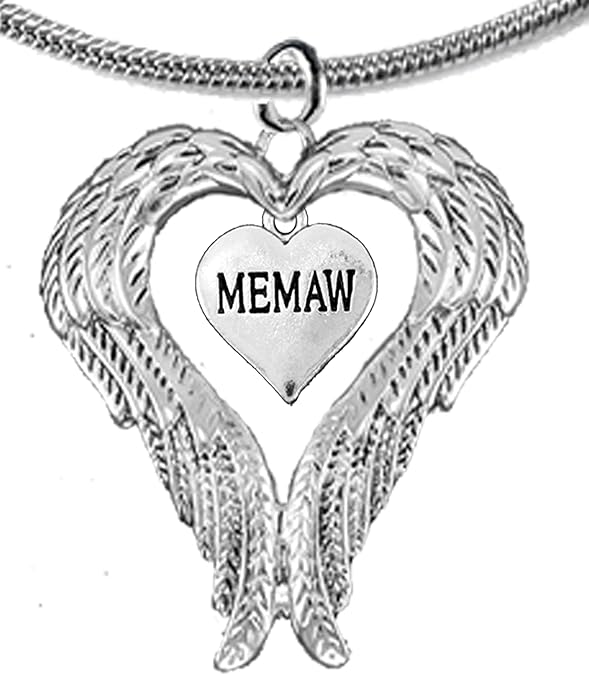 Guardian Angel, Heart (Love) Shaped Wings for Memaw Necklace, Adjustable, Hypoallergenic, Safe-Nickel, Lead, Free