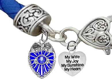 Policeman's Badge. My Wife, My Joy, My Sunshine, My Heart, On A Blue Leather Bracelet, Hypoallergenic, Safe-No Nickel, Lead,or Cadmimum