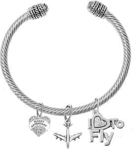 Airline Flight Attendant, I Love to Fly, Adjustable, Hypoallergenic Genuine Cable with Crystal Ends Charm Bracelet, Nickel, Lead, and Cadmium Free