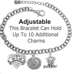Army Mom, I Love You to The Moon and Back, Crystal I Love My Soldier, Adjustable Rolo Chain Bracelet, Hypoallergenic, Safe-Nickel, Lead, Cadmium Free